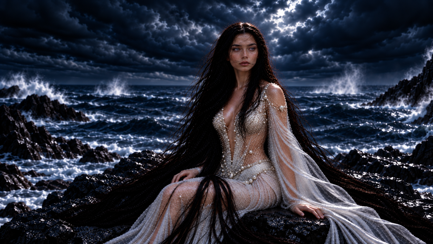 Auralith in human form seated on the black rocks beside the First Waters